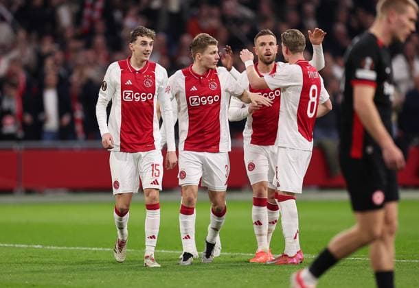 06 03 2025, Football UEFA Europa League, AFC Ajax Amsterdam Eintracht Frankfurt, emonline, emspor, v l , Youri Baas Ajax Amsterdam , Anton Gaaei Ajax Amsterdam , Jordan Henderson Ajax Amsterdam , Kenneth Taylor Ajax Amsterdam jubilant jubilant jubilant jubilant over the 1 0 by Brian Brobbey Ajax Amsterdam DFLB DFB REGULATIONS PROHIBIT ANY USE OF PHOTOGRAPHS AS IMAGE SEQUENCES AND OR QUASI VIDEO xdcx Copyright: HMBxMedia Claus