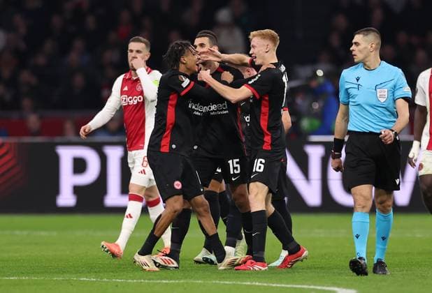 06 03 2025, Football UEFA Europa League, AFC Ajax Amsterdam Eintracht Frankfurt, emonline, emspor, v l , Goal celebration to 1 1 by Hugo Larsson Eintracht Frankfurt , Jean Matteo Bahoya Eintracht Frankfurt , Goal celebration, celebrate the goal DFL DFB REGULATIONS PROHIBIT ANY USE OF PHOTOGRAPHS AS IMAGE SEQUENCES AND OR QUASI VIDEO xdcx Copyright: HMBxMedia Claus
