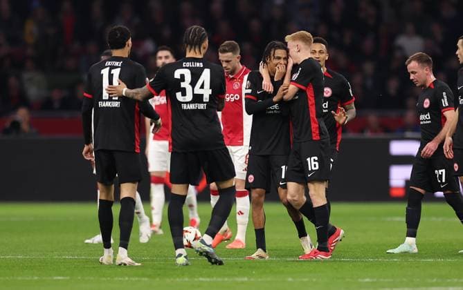 06 03 2025, Football UEFA Europa League, AFC Ajax Amsterdam Eintracht Frankfurt, emonline, emspor, v l , Goal celebration to 1 1 by Hugo Larsson Eintracht Frankfurt , Jean Matteo Bahoya Eintracht Frankfurt , Goal celebration, celebrate the goal DFL DFB REGULATIONS PROHIBIT ANY USE OF PHOTOGRAPHS AS IMAGE SEQUENCES AND OR QUASI VIDEO xdcx Copyright: HMBxMedia Claus