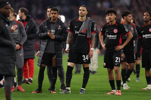 06 03 2025, Football UEFA Europa League, AFC Ajax Amsterdam Eintracht Frankfurt, emonline, emspor, v l , Ansgar Knauff Eintracht Frankfurt , Pharell Nnamdi Collins Eintracht Frankfurt , Nathaniel Brown Eintracht Frankfurt disappointed, disappointed looking, dissapointed, sad, frustrated, frustrated, frustrated DFL DFB REGULATIONS PROHIBIT ANY USE OF PHOTOGRAPHS AS IMAGE SEQUENCES AND OR QUASI VIDEO xdcx Copyright: HMBxMedia Claus