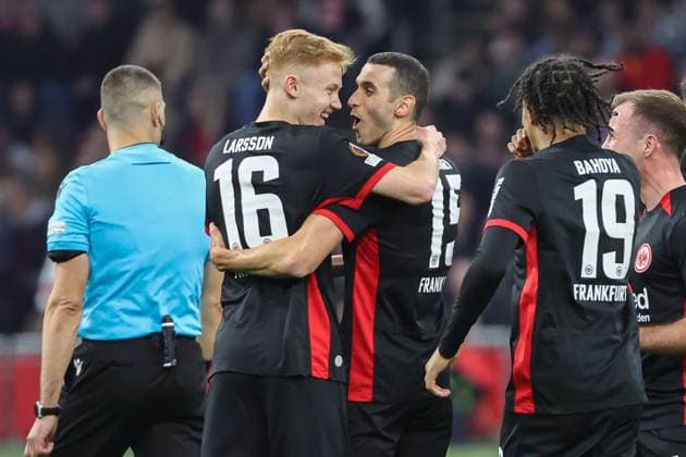 UEFA Europa League Ajax Amsterdam Eintracht Frankfurt on 06 03 2025 at the Johan Cruijff ArenA in Amsterdam Cheers, goal celebration, goal scorer, goal scorer Hugo Larsson Frankfurt 16 celebrates after his goal to make it 1 - 1 with Ellyes Skhiri Frankfurt 15 MH