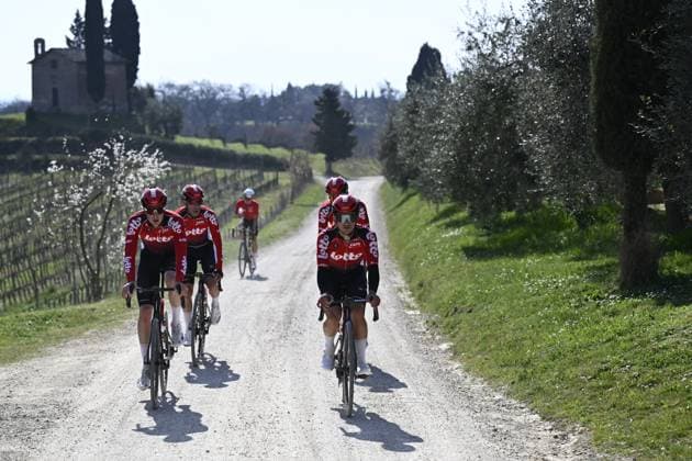 Lotto Cycling Team riders pictured during preparations for tomorrow s Strade Bianche one day cycling race from and to Siena, Italy, Friday 07 March 2025. DIRKxWAEM  x114430665x