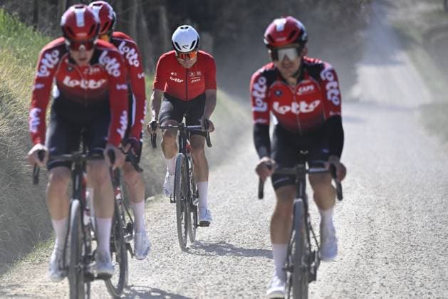 Lotto Cycling Team riders pictured during preparations for tomorrow s Strade Bianche one day cycling race from and to Siena, Italy, Friday 07 March 2025. DIRKxWAEM  x114430874x