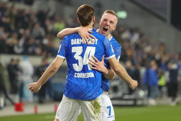 Darmstadt, Germany 07 March 2025 2 Liga 2024 2025 SV Darmstadt 98 vs Karlsruher SC In the picture from left goal scorer Killian Corredor Darmstadt, 34 , celebrates after his goal for 2 0 in the 73rd minute of the game with Isac Lidberg Darmstadt, 7 DFL regulations prohibit any use of photographs as image sequences and or quasi video Merck Stadion am Böllenfalltor Hessen Copyright: xFotostandx xUlrichxScherbaumx