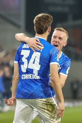 Darmstadt, Germany 07 March 2025 2 Liga 2024 2025 SV Darmstadt 98 vs Karlsruher SC In the picture from left goal scorer Killian Corredor Darmstadt, 34 cheers after his goal to 2 0 with Isac Lidberg Darmstadt, 7 in the 73rd minute of the match DFL regulations prohibit any use of photographs as image sequences and or quasi video Merck Stadion am Böllenfalltor Hessen Copyright: xFotostandx xUlrichxScherbaumx
