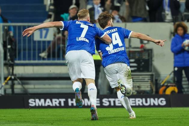 2025.03.07 xJFx 2.Bundesliga SV Darmstadt 98 - Karlsruher SC v.l., Isac Alexi Sivert Lidberg (SV Darmstadt 98), Kilian Julian Corredor (SV Darmstadt 98) Torjubel, Goal celebration, celebrate the goal (DFL DFB REGULATIONS PROHIBIT ANY USE OF PHOTOGRAPHS as IMAGE SEQUENCES and or QUASI-VIDEO) Copyright: JoaquimxFerreira
