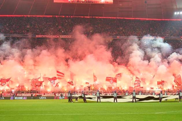 FCB fans celebrate before the match in the round of 16 first leg match FC BAYERN MUENCHEN - BAYER 04 LEVERKUSEN 3-0 of football UEFA Champions League in season 2024 2025 in Munich, Mar 5, 2025 , FCB, x.Spieltag, München