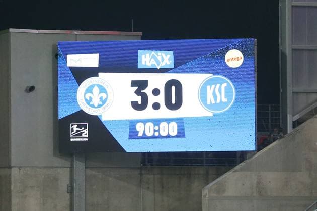 07 03 2025, xrekx, Soccer 2 Bundesliga, SV Darmstadt 98 Karlsruher SC v l Scoreboard, Videowall, Scoreboard, Info, Advertising Final Score 3 0 DFL DFB REGULATIONS PROHIBIT ANY USE OF PHOTOGRAPHS as IMAGE SEQUENCES and or QUASI VIDEO Darmstadt