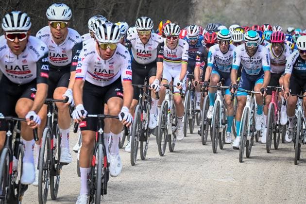 Slovenian Tadej Pogacar of UAE Team Emirates pictured in action during the men elite Strade Bianche one day cycling race, 213km from and to Siena, Italy on Saturday 08 March 2025. DIRKxWAEM  x114492263x