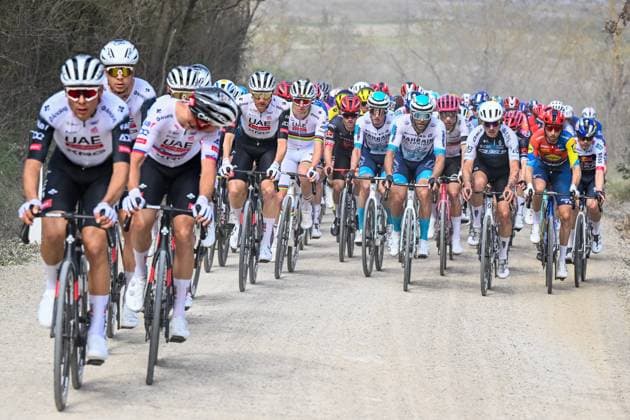 Slovenian Tadej Pogacar of UAE Team Emirates pictured in action during the men elite Strade Bianche one day cycling race, 213km from and to Siena, Italy on Saturday 08 March 2025. DIRKxWAEM  x114492266x