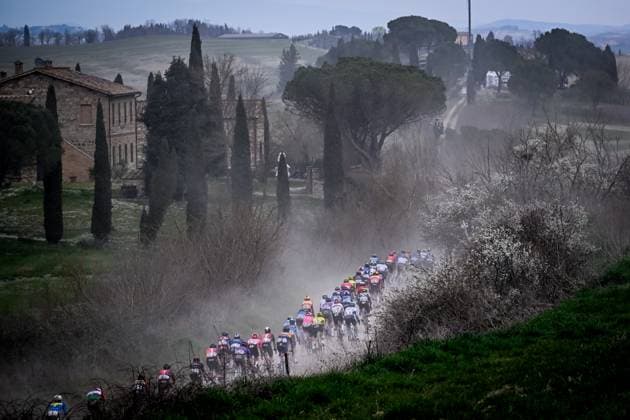 The pack of riders pictured in action during the men elite Strade Bianche one day cycling race, 213km from and to Siena, Italy on Saturday 08 March 2025. DIRKxWAEM  x114493303x
