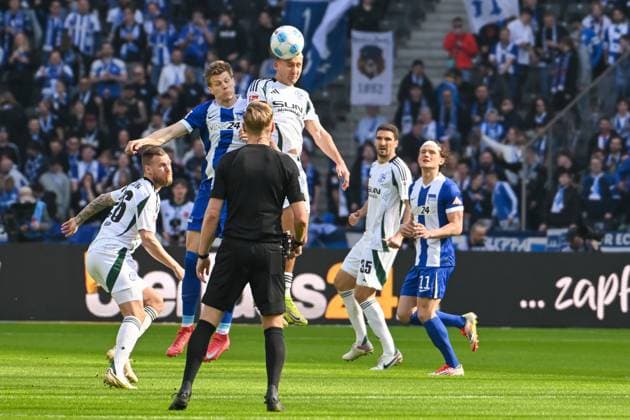Soccer 2 Bundesliga, Hertha BSC Berlin FC Schalke 04 08 03 2025, xdanx, Soccer 2 Bundesliga, Hertha BSC Berlin FC Schalke 04 v l Luca Schuler Hertha BSC 18 ,Paul Seguin FC Schalke 04 07 Zweikampf, Duell, Kampf, tackle DFL DFB REGULATIONS PROHIBIT ANY USE OF PHOTOGRAPHS as IMAGE SEQUENCES and or QUASI VIDEO Daniel Lakomski Mix1 Berlin Olympiastadion Berlin Germany DEU Copyright: xDanielxLakomskix