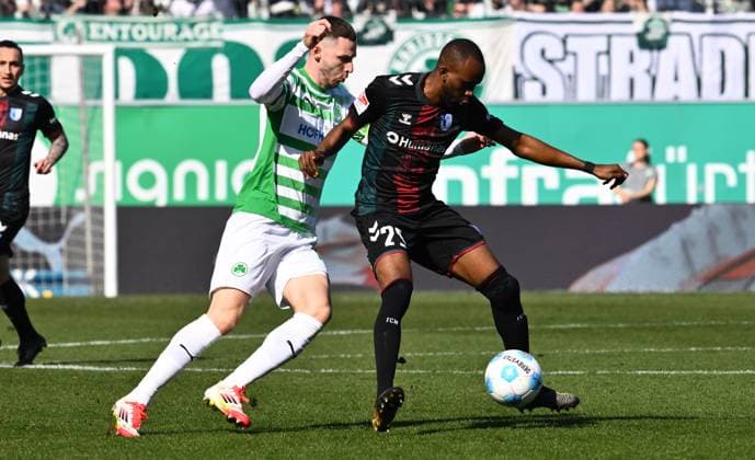 08 03 2025 Soccer Season 2024 2025 2 Soccer Bundesliga 25 Matchday SpVgg Greuther Fürth Kleeblatt 1 FC Magdeburg FCM Sportfoto Zink xwoxzix DFL regulations prohibit any use of photographs as image sequences and or quasi video only for editorial use Branimir Hrgota 10, SpVgg Greuther Fürth Silas Gnaka 25, 1 FC Magdeburg FCM