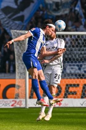 Soccer 2 Bundesliga, Hertha BSC Berlin FC Schalke 04 08 03 2025, xdanx, Soccer 2 Bundesliga, Hertha BSC Berlin FC Schalke 04 v l Fabian Reese Hertha BSC 11 ,Tomas Kalas FC Schalke 04 26 , duel, fight, tackle DFL DFB REGULATIONS PROHIBIT ANY USE OF PHOTOGRAPHS as IMAGE SEQUENCES and or QUASI VIDEO Daniel Lakomski Mix1 Berlin Olympiastadion Berlin Germany DEU Copyright: xDanielxLakomskix