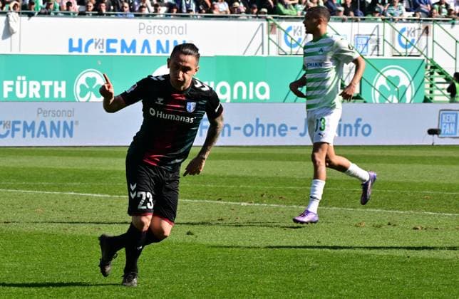 08 03 2025 Soccer Season 2024 2025 2 Soccer Bundesliga 25 Matchday SpVgg Greuther Fürth Kleeblatt 1 FC Magdeburg FCM Sportfoto Zink MeZi xmexzix DFL regulations prohibit any use of photographs as image sequences and or quasi video only for editorial use Torjubel Jubel Freude nach Treffer Tor Torschuß zum 1 1 durch Baris Atik 23, 1 FC Magdeburg FCM