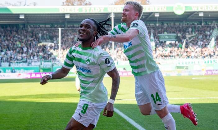 08 03 2025 Soccer Season 2024 2025 2 Soccer Bundesliga 25 Matchday SpVgg Greuther Fürth Kleeblatt 1 FC Magdeburg FCM Sportfoto Zink xwoxzix DFL regulations prohibit any use of photographs as image sequences and or quasi video only for editorial use Torjubel Jubel Freude nach Treffer Tor Torschuß zum 1 0 durch Noel Futkeu 9, SpVgg Greuther Fürth Noel Futkeu 9, SpVgg Greuther Fürth Jomaine Consbruch 14, SpVgg Greuther Fürth