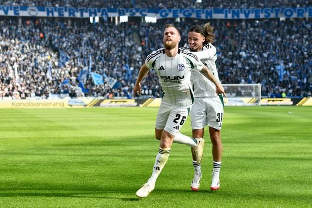 Soccer 2 Bundesliga, Hertha BSC Berlin FC Schalke 04 08 03 2025, xdanx, Soccer 2 Bundesliga, Hertha BSC Berlin FC Schalke 04 v l Cheering after the 0 1 by Tomas Kalas FC Schalke 04 26 ,Taylan Bulut FC Schalke 04 31 DFL DFB REGULATIONS PROHIBIT ANY USE OF PHOTOGRAPHS as IMAGE SEQUENCES and or QUASI VIDEO Daniel Lakomski Mix1 Berlin Olympiastadion Berlin Germany DEU Copyright: xDanielxLakomskix