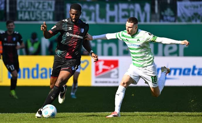 08 03 2025 Soccer season 2024 2025 2 Soccer Bundesliga 25 Matchday SpVgg Greuther Fürth Kleeblatt 1 FC Magdeburg FCM Sportfoto Zink xwoxzix DFL regulations prohibit any use of photographs as image sequences and or quasi video only for editorial use Patric Pfeiffer 3, 1 FC Magdeburg FCM Branimir Hrgota 10, SpVgg Greuther Fürth