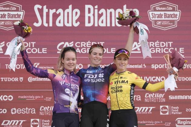 Sport Bilder des Tages VAN DER BREGGEN Anna, VOLLERING Demi and FERRAND PREVOT Pauline during the 11th edition of the Strade Bianche Women Elite (White Roads) a 136 km one day race from Siena to Siena, Tuscany (Italy) - Saturday March 8, 2025.  Copyright: xMarcoxAlpozzi xLaPressex
