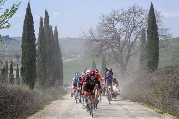 The breakaway group pictured during the men elite Strade Bianche one day cycling race, 213km from and to Siena, Italy on Saturday 08 March 2025. DIRKxWAEM  x114498399x