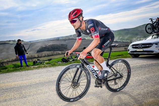 Swiss Marc Hirschi of Tudor Pro Cycling Team pictured in action during the men elite Strade Bianche one day cycling race, 213km from and to Siena, Italy on Saturday 08 March 2025. DIRKxWAEM  x114498404x