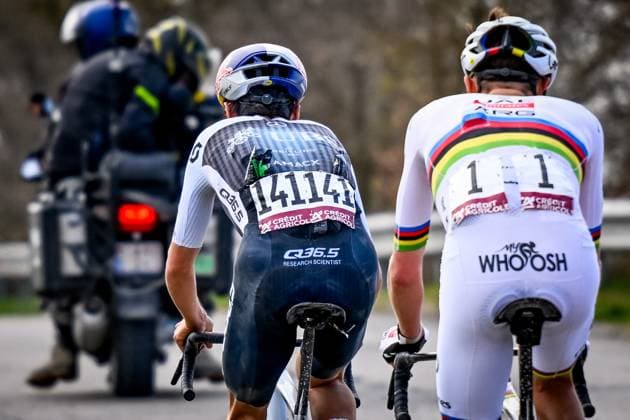 British Thomas Pidcock of Q36.5 Pro Cycling Team and Slovenian Tadej Pogacar of UAE Team Emirates pictured in action during the men elite Strade Bianche one day cycling race, 213km from and to Siena, Italy on Saturday 08 March 2025. DIRKxWAEM  x114498961x