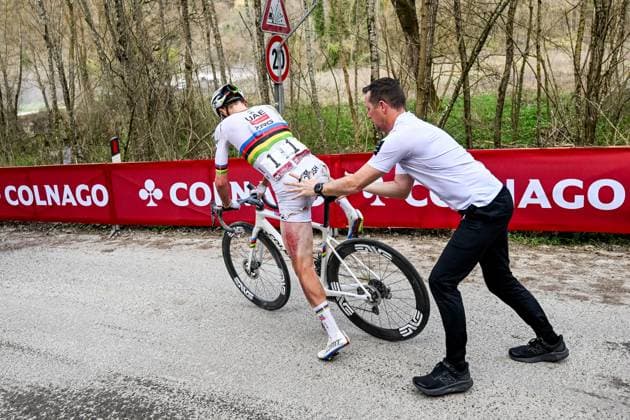 Slovenian Tadej Pogacar of UAE Team Emirates pictured after a crash during the men elite Strade Bianche one day cycling race, 213km from and to Siena, Italy on Saturday 08 March 2025. DIRKxWAEM  x114500049x