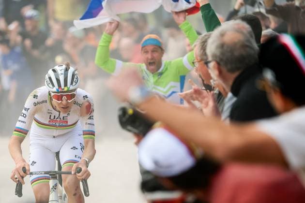Slovenian Tadej Pogacar of UAE Team Emirates pictured in action during the men elite Strade Bianche one day cycling race, 213km from and to Siena, Italy on Saturday 08 March 2025. POOLxLUCAxBETTINI  x114504233x