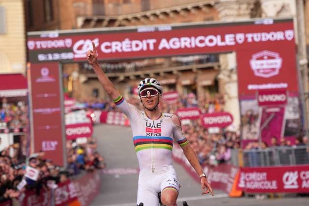POGACAR Tadej wins during the 19th edition of the Strade Bianche (White Roads) a 213 km one day race from Siena to Siena, Tuscany (Italy) - Saturday March 8, 2025.  Copyright: xSimonexSpada LaPressex