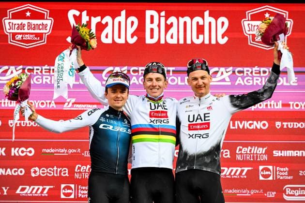 British Thomas Pidcock of Q36.5 Pro Cycling Team, Slovenian Tadej Pogacar of UAE Team Emirates and Belgian Tim Wellens of UAE Team Emirates celebrate on the podium after the men elite Strade Bianche one day cycling race, 213km from and to Siena, Italy on Saturday 08 March 2025. DIRKxWAEM  x114506449x