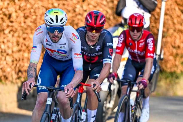 GP Criquielion 2025 LESSINES, BELGIUM - MARCH 08 : Mikutis Aivaras (LTU) of Tudor Pro Cycling Team, Brunel Alexys (FRA) of TotalEnergies, Taminiaux Lionel (BEL) of Lotto Cycling Team in the escape pack pictured during the 2025 GP Criquielion cycling race with start in Ath and finish in Lessines after 200 km on March 8, 2025 in Lessines, Belgium, 08 03 2025 Lessines Belgium  Copyright: xJanxDexMeuleneirx