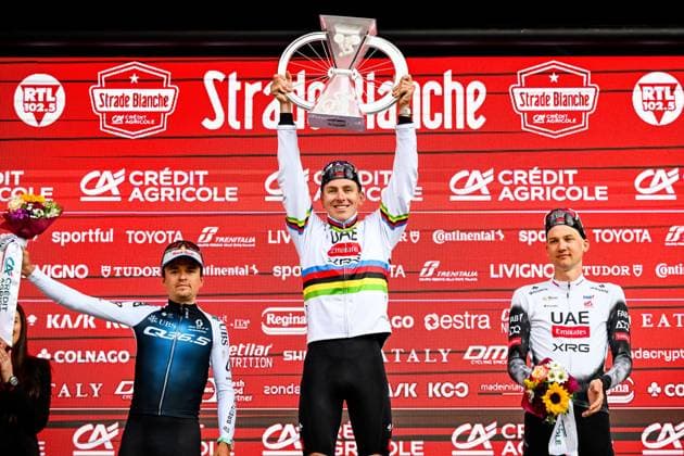Bilder des Jahres 2025, Sport 03 März Sport Themen der Woche KW10 Sport Bilder des Tages British Thomas Pidcock of Q36.5 Pro Cycling Team, Slovenian Tadej Pogacar of UAE Team Emirates and Belgian Tim Wellens of UAE Team Emirates pictured on the podium after the men elite Strade Bianche one day cycling race, 213km from and to Siena, Italy on Saturday 08 March 2025. DIRKxWAEM  x114506677x