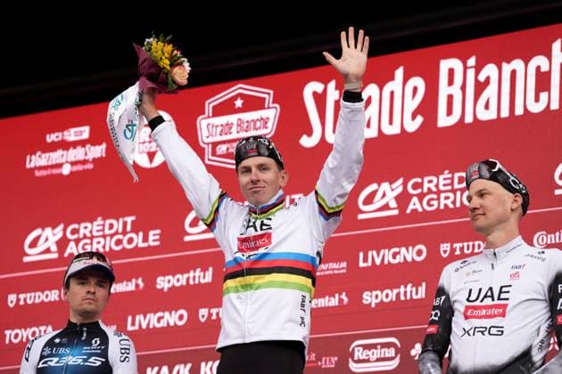 PIDCOCK Thomas, WELLENS Tim and POGACAR Tadej wins the 19th edition of the Strade Bianche (White Roads) a 213 km one day race from Siena to Siena, Tuscany (Italy) - Saturday March 8, 2025.  Copyright: xMassimoxPaolone LaPressex