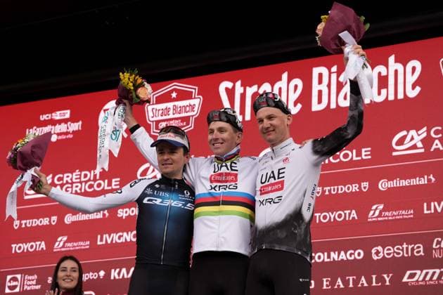 PIDCOCK Thomas, WELLENS Tim and POGACAR Tadej wins during the 19th edition of the Strade Bianche (White Roads) a 213 km one day race from Siena to Siena, Tuscany (Italy) - Saturday March 8, 2025.  Copyright: xMassimoxPaolone LaPressex