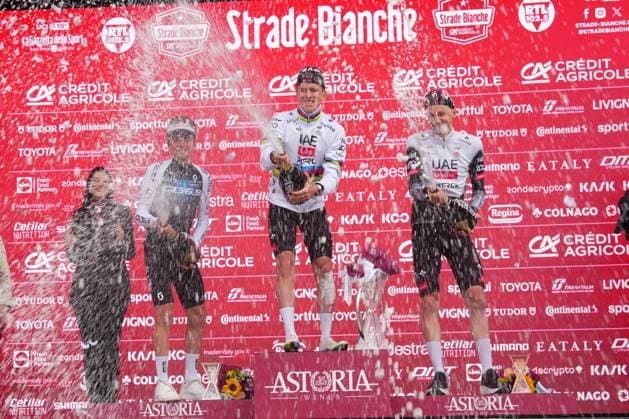 PIDCOCK Thomas, WELLENS Tim and POGACAR Tadej wins the 19th edition of the Strade Bianche (White Roads) a 213 km one day race from Siena to Siena, Tuscany (Italy) - Saturday March 8, 2025.  Copyright: xSimonexSpada LaPressex