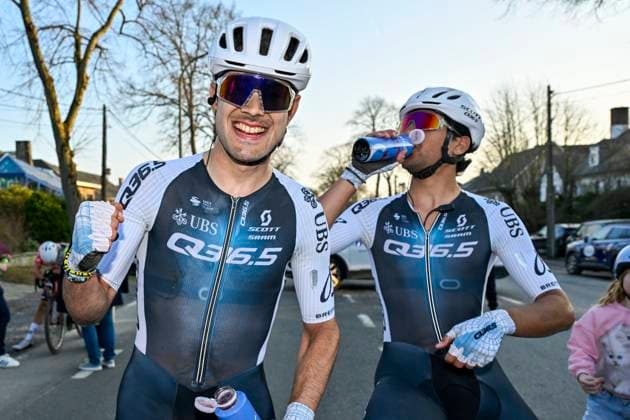 GP Criquielion 2025 LESSINES, BELGIUM - MARCH 08 : Moschetti Matteo (ITA) ITA of Q36.5 Pro Cycling Team celebrating his victory with a teammate pictured during the 2025 GP Criquielion cycling race with start in Ath and finish in Lessines after 200 km on March 8, 2025 in Lessines, Belgium, 08 03 2025 Lessines Belgium  Copyright: xJanxDexMeuleneirx