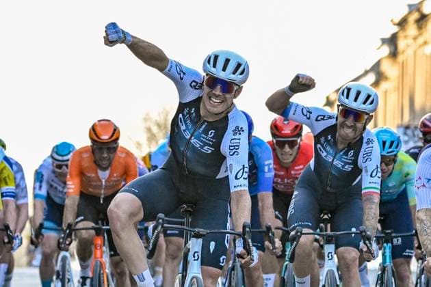 GP Criquielion 2025 LESSINES, BELGIUM - MARCH 08 : Moschetti Matteo (ITA) ITA of Q36.5 Pro Cycling Team celebrating his victory, pictured during the 2025 GP Criquielion cycling race with start in Ath and finish in Lessines after 200 km on March 8, 2025 in Lessines, Belgium, 08 03 2025 Lessines Belgium  Copyright: xJanxDexMeuleneirx