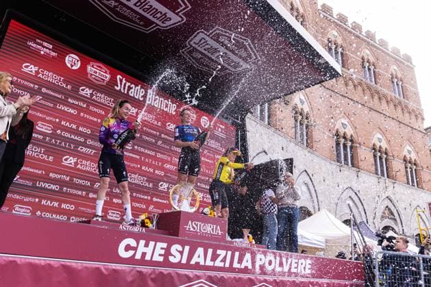 Strade Bianche 2025 - Women Elite Finish And Podium The podium of Strade Bianche Women Elite 2025 includes (from left) Anna Van der Breggen, Demi Vollering, and Pauline Ferrand-Prevot opening champagne, in Siena, Italy, on march 08, 2025. Siena Italy  Copyright: xTommasoxBerardix originalFilename:berardi-stradebi250308_npQ69.jpg