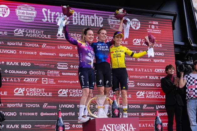 Strade Bianche 2025 - Women Elite Finish And Podium The podium of Strade Bianche Women Elite 2025 includes (from left) Anna Van der Breggen, Demi Vollering, and Pauline Ferrand-Prevot, in Siena, Italy, on march 08, 2025. Siena Italy  Copyright: xTommasoxBerardix originalFilename:berardi-stradebi250308_npvca.jpg