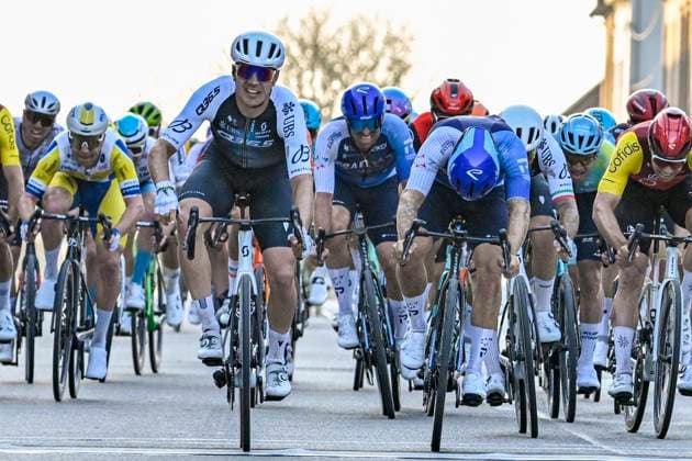 GP Criquielion 2025 LESSINES, BELGIUM - MARCH 08 : Moschetti Matteo (ITA) ITA of Q36.5 Pro Cycling Team celebrating his victory, Hofstetter Hugo (SUI) of Israel - Premier Tech, pictured during the 2025 GP Criquielion cycling race with start in Ath and finish in Lessines after 200 km on March 8, 2025 in Lessines, Belgium, 08 03 2025 Lessines Belgium  Copyright: xJanxDexMeuleneirx