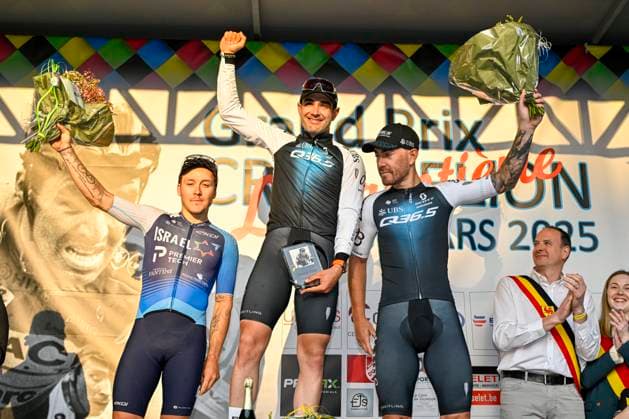 GP Criquielion 2025 LESSINES, BELGIUM - MARCH 08 : Moschetti Matteo (ITA) ITA of Q36.5 Pro Cycling Team, Nizzolo Giacomo (ITA) ITA of Q36.5 Pro Cycling Team, Hofstetter Hugo (SUI) of Israel - Premier Tech on the podium pictured during the 2025 GP Criquielion cycling race with start in Ath and finish in Lessines after 200 km on March 8, 2025 in Lessines, Belgium, 08 03 2025 Lessines Belgium  Copyright: xJanxDexMeuleneirx
