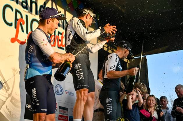 GP Criquielion 2025 LESSINES, BELGIUM - MARCH 08 : Moschetti Matteo (ITA) ITA of Q36.5 Pro Cycling Team, Nizzolo Giacomo (ITA) ITA of Q36.5 Pro Cycling Team, Hofstetter Hugo (SUI) of Israel - Premier Tech on the podium pictured during the 2025 GP Criquielion cycling race with start in Ath and finish in Lessines after 200 km on March 8, 2025 in Lessines, Belgium, 08 03 2025 Lessines Belgium  Copyright: xJanxDexMeuleneirx
