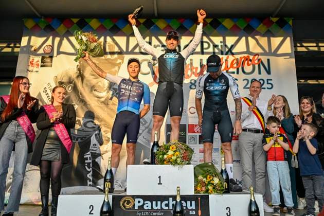 Sport Bilder des Tages GP Criquielion 2025 LESSINES, BELGIUM - MARCH 08 : Moschetti Matteo (ITA) ITA of Q36.5 Pro Cycling Team, Nizzolo Giacomo (ITA) ITA of Q36.5 Pro Cycling Team, Hofstetter Hugo (SUI) of Israel - Premier Tech on the podium pictured during the 2025 GP Criquielion cycling race with start in Ath and finish in Lessines after 200 km on March 8, 2025 in Lessines, Belgium, 08 03 2025 Lessines Belgium  Copyright: xJanxDexMeuleneirx