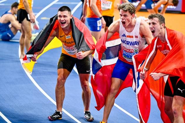 Bilder des Jahres 2025, Sport 03 März Sport Themen der Woche KW10 Sport Bilder des Tages German Till Steinforth, Norwegian Sander Skotheim and Swiss Simon Ehammer pictured after the European Athletics Indoor Championships, in Apeldoorn, The Netherlands, Saturday 08 March 2025. The championships take place from 6 to 9 March. ERICxLALMAND  x114523129x