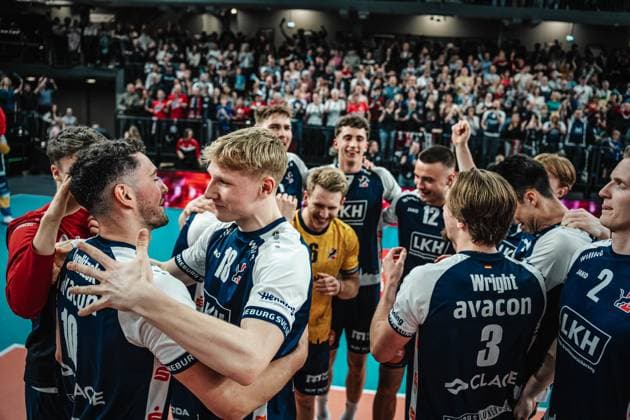 Volleyball Men Season 2024 2025 Volleyball Bundesliga VBL SVG Lüneburg vs Berlin Recycling Volleys 08 03 2025 The SVG Lüneburg team celebrates after the win against BERLIN RECYCLING Volleys Lüneburg LKH Arena Niedersachsen Germany