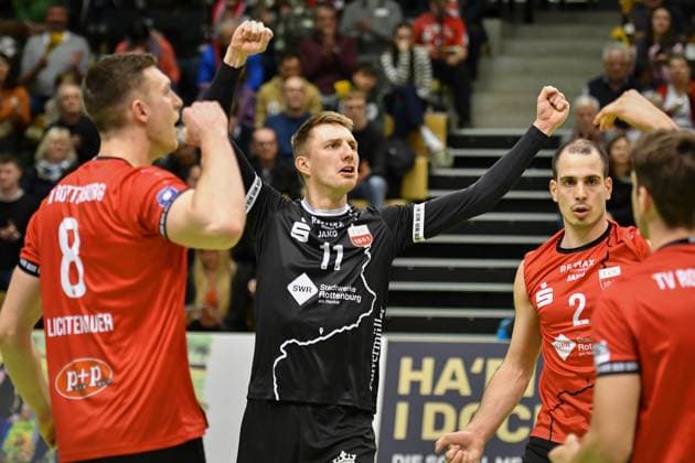 Joy, Cheering, Robin Leber TV Rottenburg, 11 TV Rottenburg vs Blue Volleys Gotha, Volleyball, 2 Bundesliga Sued, 21 Matchday, Season 2024 2025, 08 03 2025, TV Rottenburg vs Blue Volleys Gotha, Volleyball, 2 Bundesliga Sued, 21 Matchday, Season 2024 2025, 08 03 2025 Rottenburg Copyright: xEibner-Pressefoto RalphxKunzex EP_RKE
