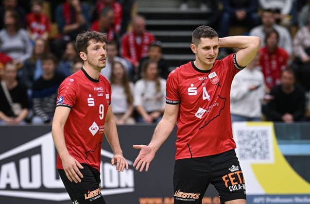 Volleyball 2 Bundesliga Season 2024 2025 08 03 2025 TV Rottenburg Blue Volleys Gotha Disappointment TV Rottenburg Samuel Elgert and Jakob Elsaesser re