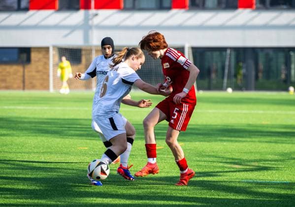 Soccer, Girls, U17 Juniors, Season 2024 2025, DFB Cup Junior Quarterfinals , 1 FC Union Berlin Bayer Leverkusen, f l Elif Berra Cambaz, Nina Dahl both Leverkusen , Paula Reutter Union , 09 03 2025, Copyright: xMatthiasxKochx