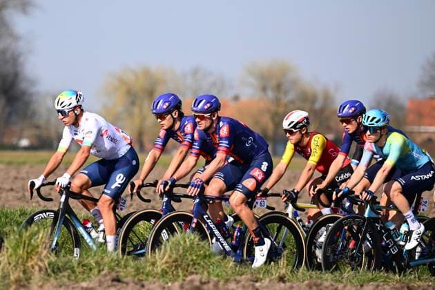 Grand Prix Jean-Pierre Monsere 2025 cycling race ROESELARE, BELGIUM - MARCH 09 : Boulahoite Rayan (FRA) of Team TotalEnergies, Bittner Pavel (CZE) of Team Picnic PostNL, Eddy Patrick (AUS) of Team Picnic PostNL during the Men Elite UCI 1.1 Europe Tour 13th Lotto Begium Cup Grand Prix Jean-Pierre Monsere cycling race of 201,6 kms with start in Ichtegem and finish in Roeselare on March 09, 2025 in Roeselare, Belgium, 09 03 2025 ( Motordriver Guy De Vuyst & Roeselare Belgium  Copyright: xTomasxSiskx