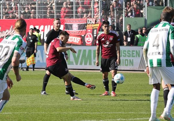 09 03 2025 Soccer season 2024 2025 2 Soccer Bundesliga 25 Matchday SC Preußen Münster SCP 1 FC Nürnberg FCN Club Sportfoto Zink DaMa xdaxmax DFL regulations prohibit any use of photographs as image sequences and or quasi video only for editorial use Julian Justvan 10, 1 FC Nürnberg FCN with goal kick free kick